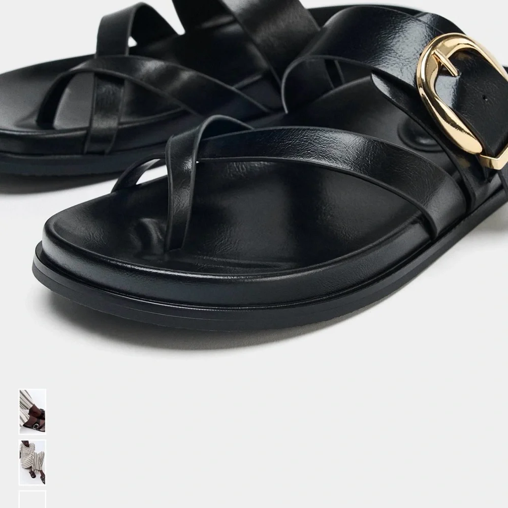 Zara Tan Leather Toe-Loop Sandals with Gold Buckle - Picture 5 of 6